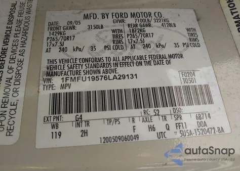 2006 Ford Expedition Limited из США, поврежденный, VIN 1FMFU19576LA29131